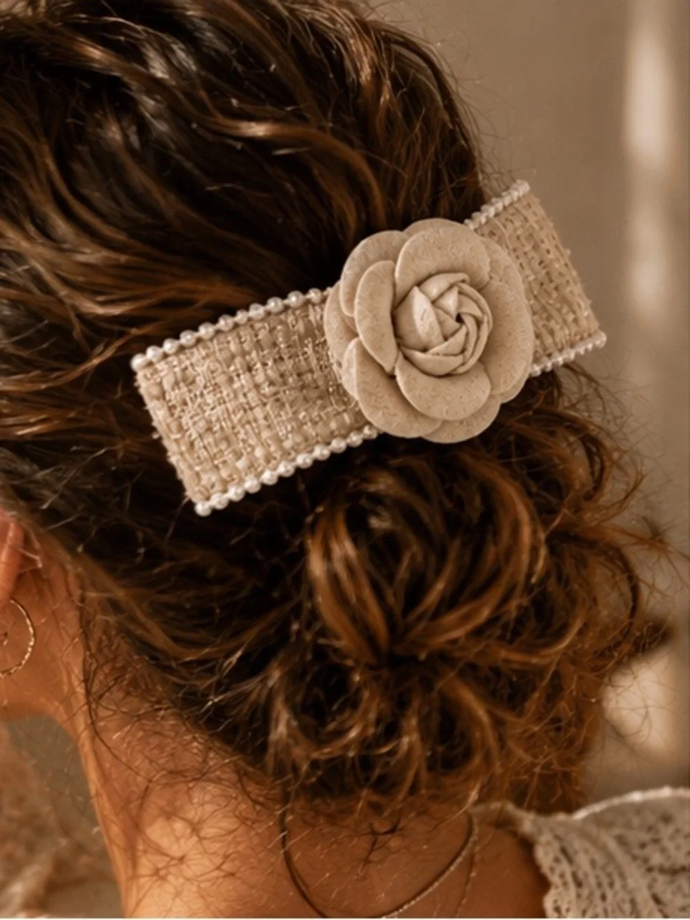 Designer Inspired Tweed Camellia Flower Hair Barrette Pearl Trim Beige Clip